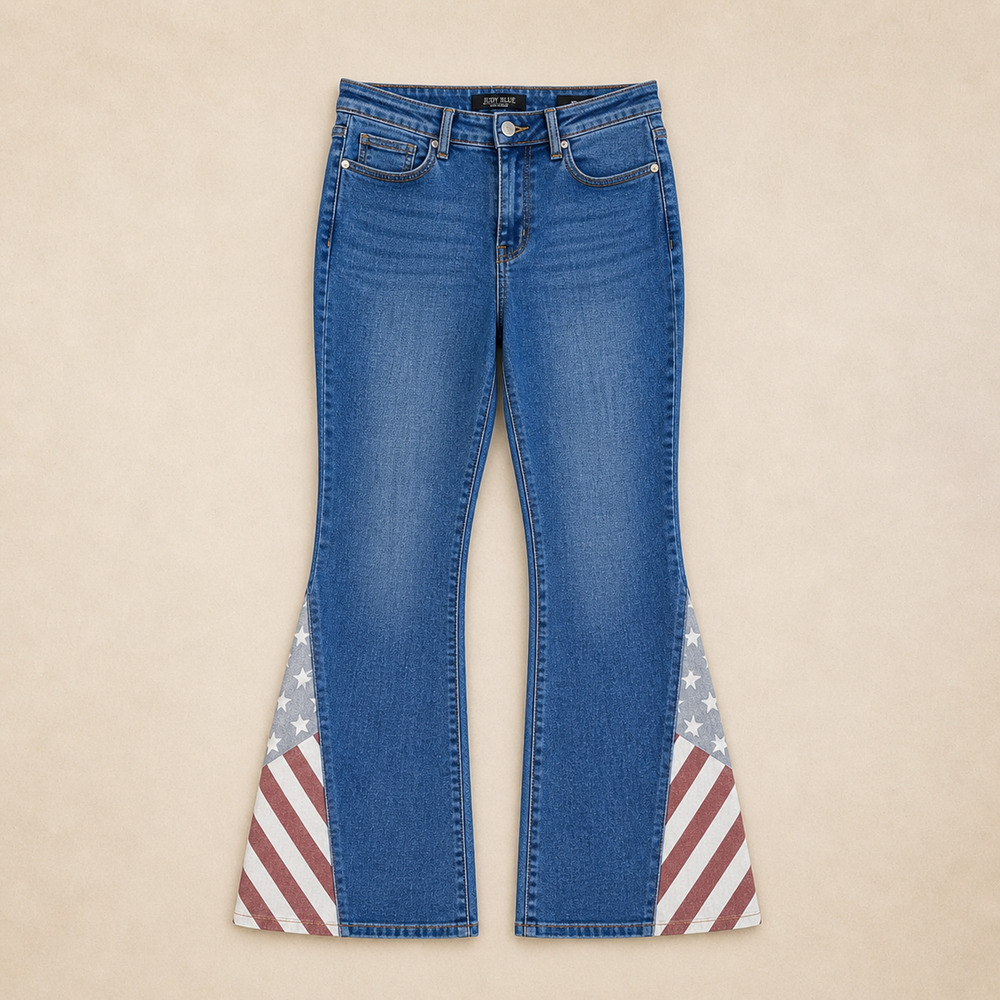 Judy Blue Americana Flag Panel Flare Jean Western Festival Denim 7/28 High Waist